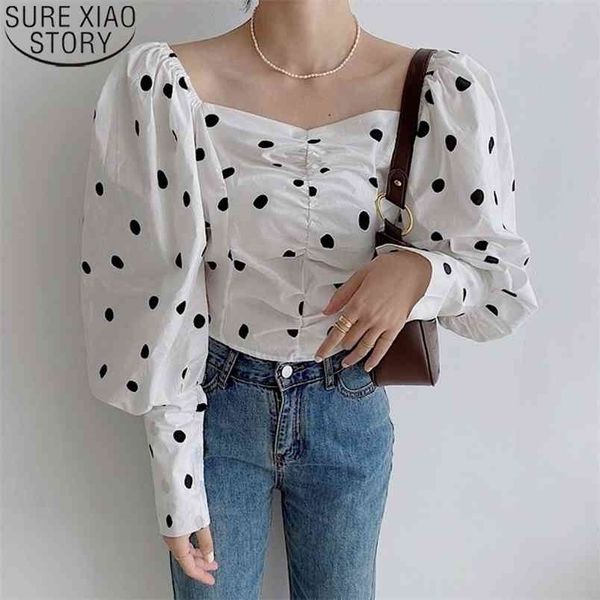 

vintage blouse casual shirt women korean fashion polka dot long puff sleeve blouses spring square collar white black 14338 210506