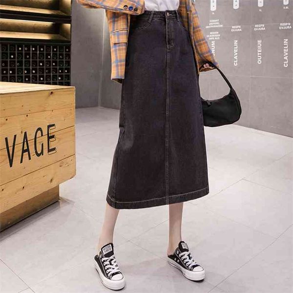 

5xl size women's korean style split denim skirt mid-length high waist bag hip a-line long 210520, Black