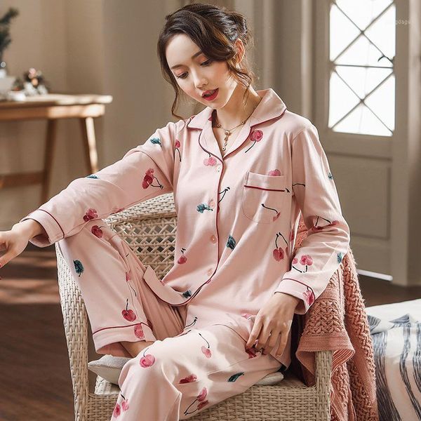

women's cotton cardigan lapel long-sleeved trousers home service suit spring and autumn pajamas men's sleepwear, Black;brown