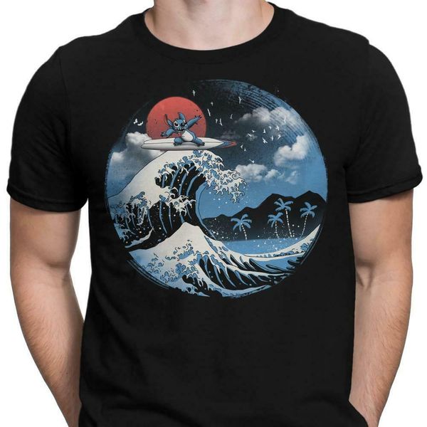

summer beach alien stitch great wave off kanagawa japanese funny black t-shirt, White;black