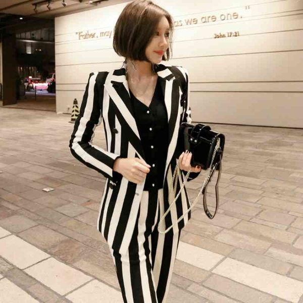 

business suits ladies slim-fit striped long-sleeved blazer pants office work women's two-piece set 210527, White