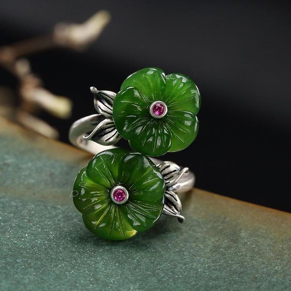 

cluster rings silver original inlaid natural hetian jade double-headed plum blossom retro chinese style open adjustable women's ring, Golden;silver