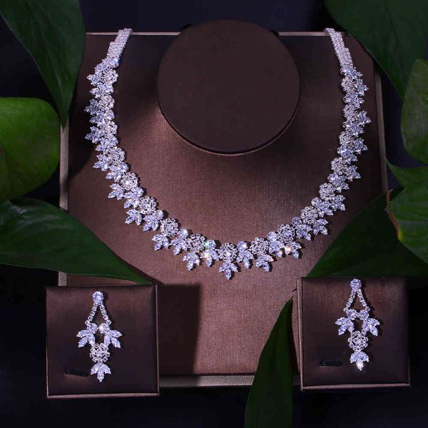 

luxury bridal jewelry sets zircon earrings for women wedding shiny cz leaf necklace set crystal jewellery accessories, Silver