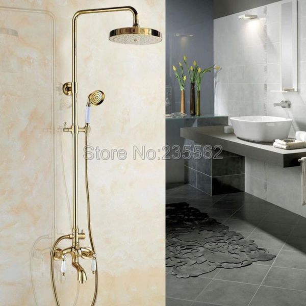 

dual ceramic handle rain shower faucet set bathroom tub mixer taps wall mounted golden brass finish lgf435 sets