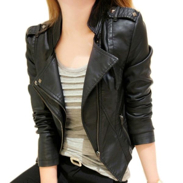 

women's leather & faux hlmfs fashion female punk jackets and coats spring autumn rivet plus size women short lapel zipper moto biker xx, Black