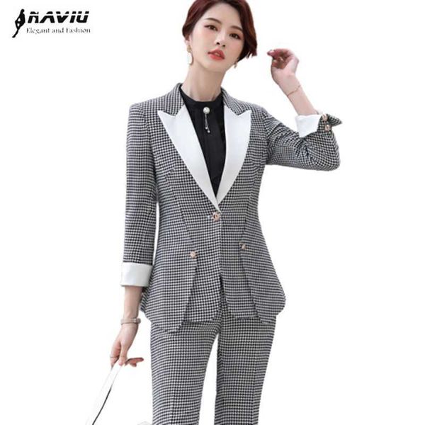 

plaid pants suit women fashion temperament business long sleeve blazer and trousers office ladies formal work wear 210604, White;black
