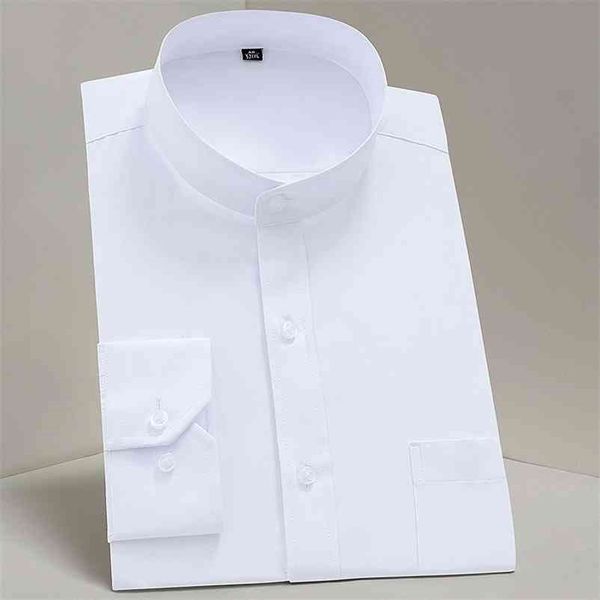 Männliches Stehkragenhemd Mann Weiß Business/Party/Forma Bügelfreies, einfarbiges, einreihiges Hemd mit Rundhalsausschnitt im chinesischen Stil L 210708