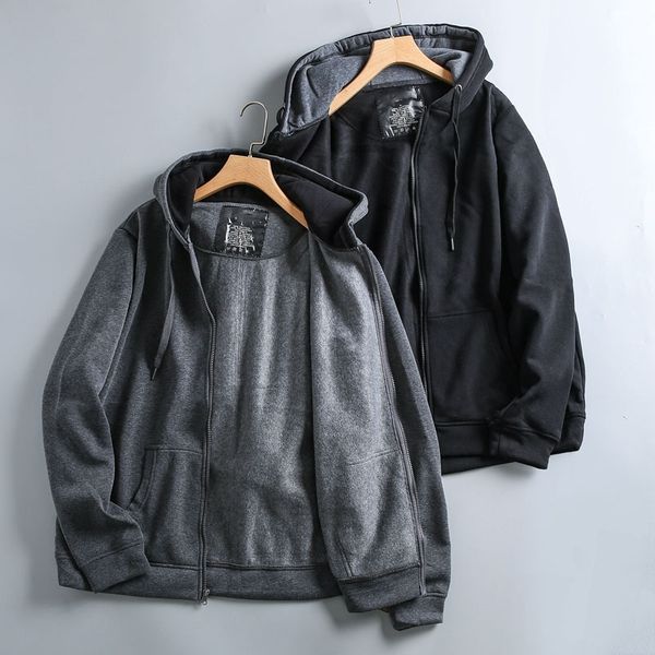 

size large enough version autumn winter men's solid color plush warm hooded zipper long sleeve hoodie sweater jacket, Black