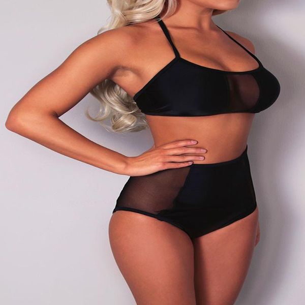 

one-piece suits swimsuit black see-through gauze high waist bikini for female