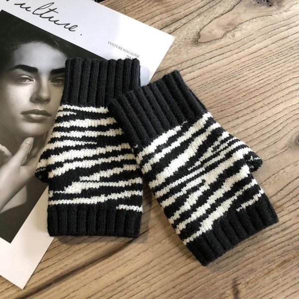 Fünf-Finger-Handschuhe, modisch, Leoparden-Zebra-Muster, gestrickt, Wolle, Stretch, Touchscreen, fingerlos, Fahrhandschuh, Damen, Winter, warm, halber Finger, G