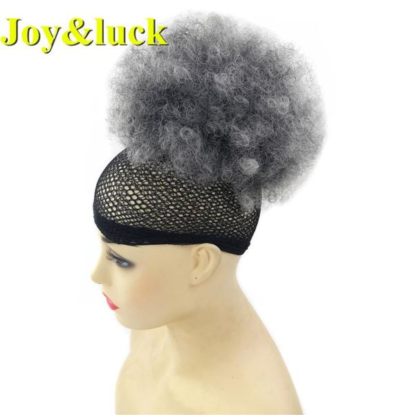 

synthetic wigs joy&luck afro kinky curly puff chignon short hair bun for black women drawstring ponytail wig ombre grey