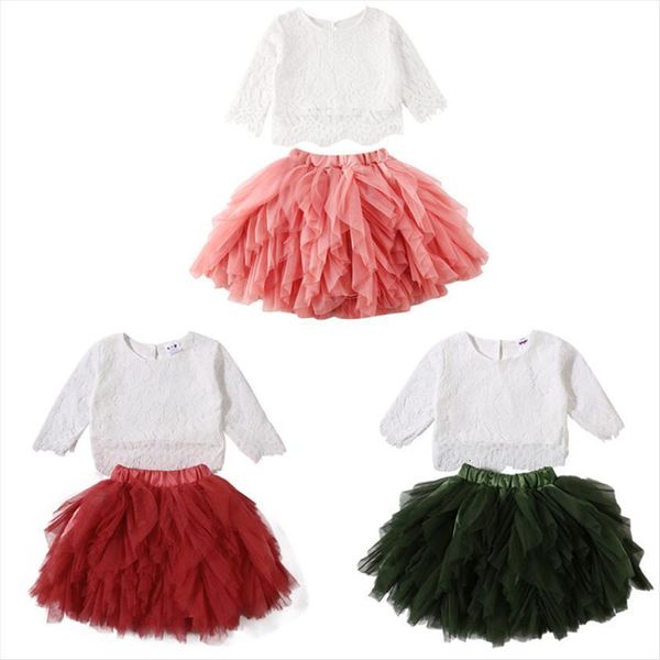 

1 6 years 2pcs toddler baby girl dress outfits lace ruffled tutu skirt autumn clothes set, White