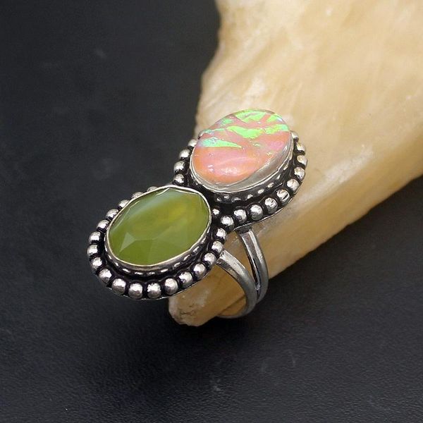 

wedding rings double oval shape dichroic glass jade925 sterling silver ring 6.5# vc55, Slivery;golden