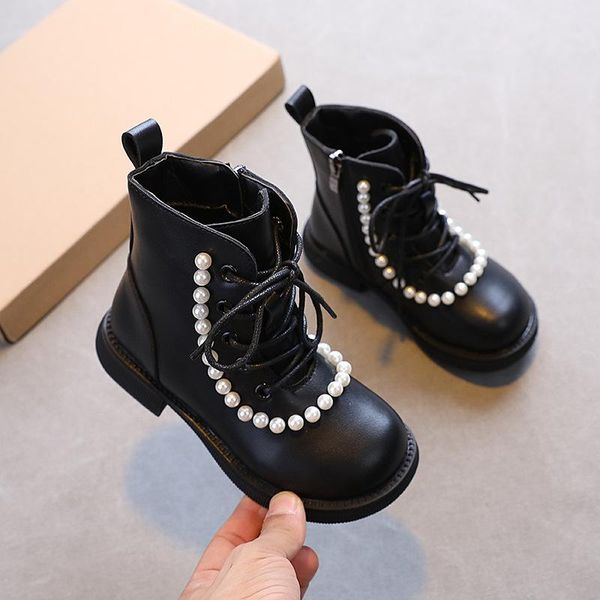 

boots girls spring autumn little princess single fashion ankle string bead children short kids shoes 3-12, Black;grey