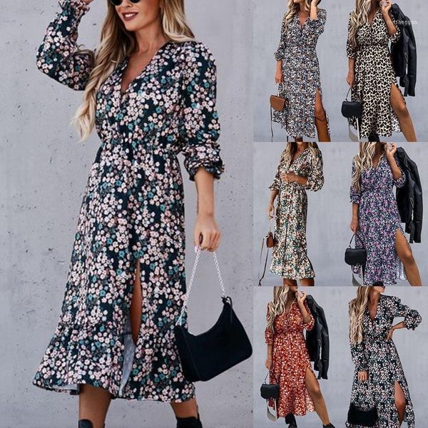 

casual dresses autumn v neck long floral dress for women 2021 slim sleeve split print female boho elegant maxi party vestidos1, Black;gray