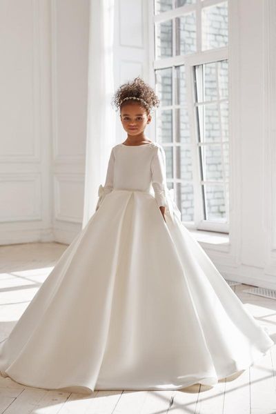

girl's dresses ivory lace flower girl long sleeve princess dress tulle net bow kids communion birthday party, Red;yellow