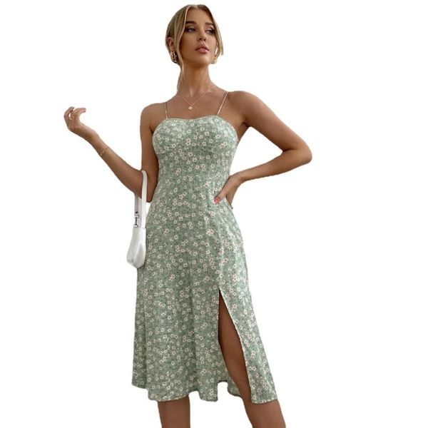 

casual dresses 2021 women's split suspender backless printed sleeveless ruffle dress, Black;gray