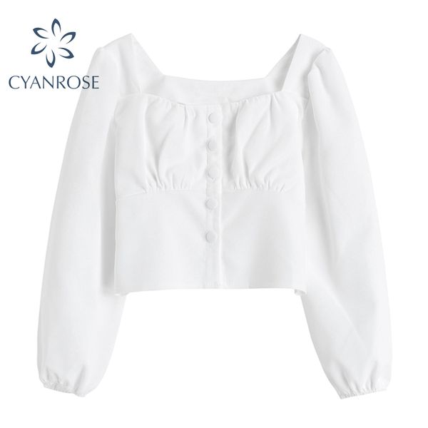 

spring korean solid blouse women square collar long sleeve white vintage elegant button crop shirt female blusas 210417