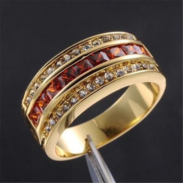 

cluster rings men's deluxe 10k yellow gold princess-cut garnet crystal gemstone band ring wedding for men women jewelry, Golden;silver