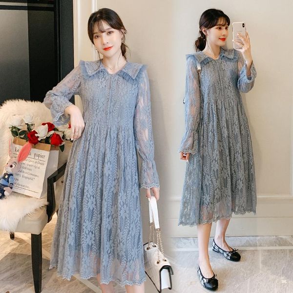 

maternity dresses 8308# clothes spring autumn long sleeve easy matching slimming lace patchwork dress for pregnant women mom, White