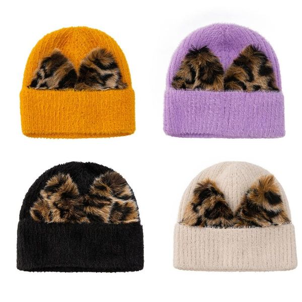 

beanie/skull caps 2021 personality simple fashion leopard print ear knit hat knitted curling wild outdoor trend for female, Blue;gray