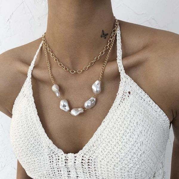 

chains wg simple baroque pearl double chain necklace geometric retro personality for women jewelry, Silver