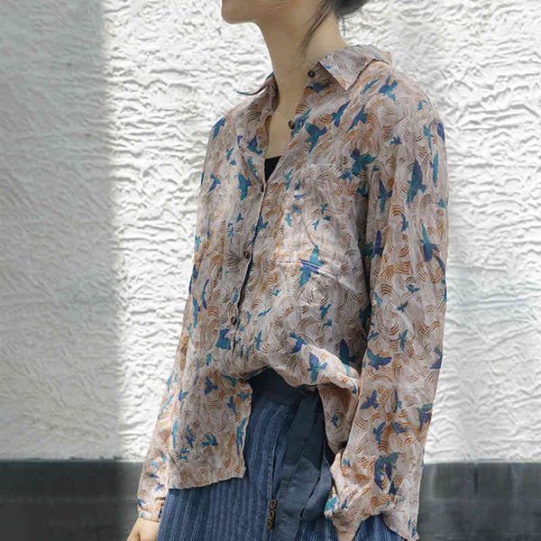 

johnature women ramie vintage print floral shirts and long sleeve turn-down collar summer button loose blouses 210521, White