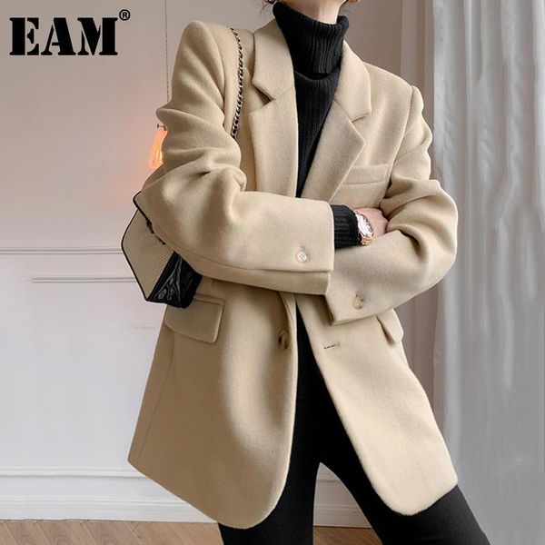 

women's wool & blends [eam] loose fit khaki brief big size leisure woolen coat parkas long sleeve women fashion tide autumn winter 2021, Black