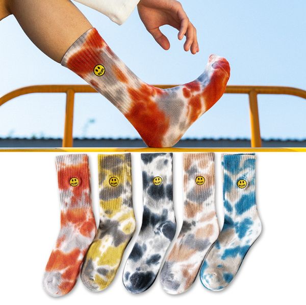 

new fashion smiling face embroidery men and women socks cotton colorful vortex tie-dye hiphop skateboard funny happy sockings, White;pink
