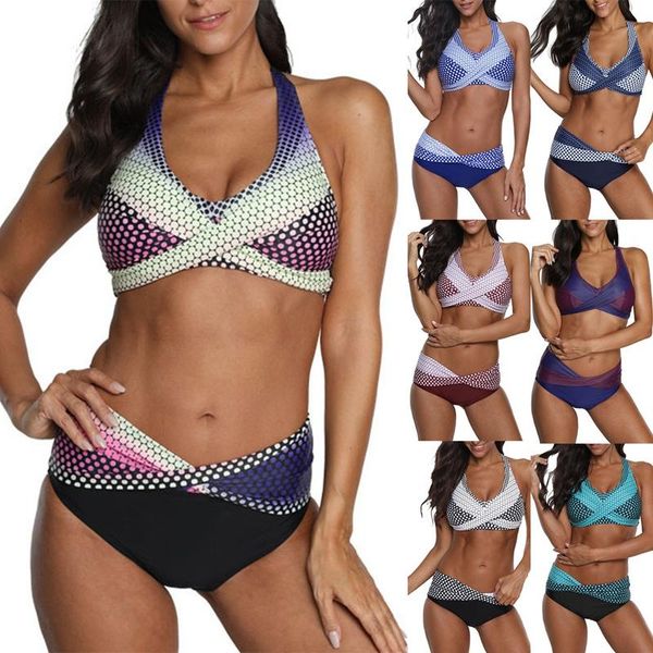 

women's swimwear fashion gathered bikini 2-piece halter split swimsuit, White;black