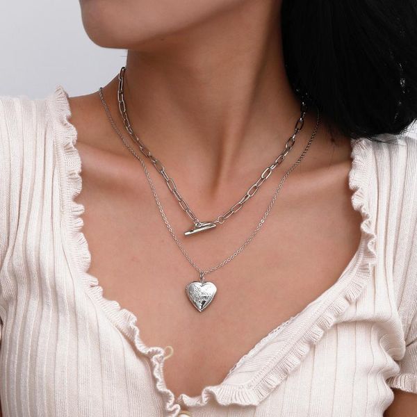 

chokers 2pcs/set multi layered can open love heart pendant necklace korean elegant lasso toggle choker necklaces jewelry, Golden;silver