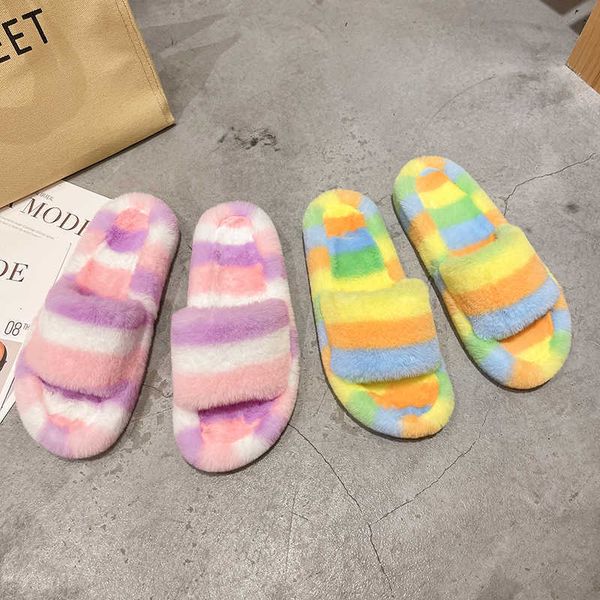 

faux fur fashion warm shoes woman winter women house slippers slip on flats female slides black pink cozy home furry slippers y0731