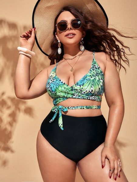 

plus tropical knot front bikini swimsuit k6v2#, Black
