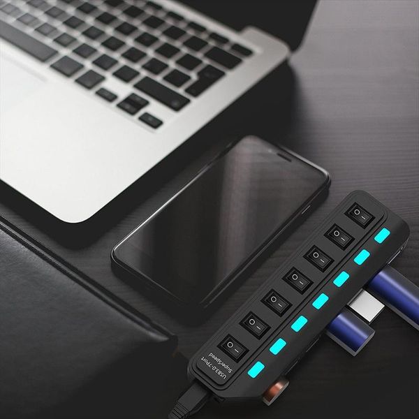 

hubs b2qf powered usb hub 7 port 3.0 data aluminum splitter with power adapter and independent on/off switch led light