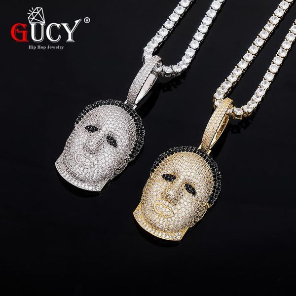 

hip hop figure head pendant necklace iced out tennis chain gold color cubic zircon men's women rock jewelry necklaces, Silver