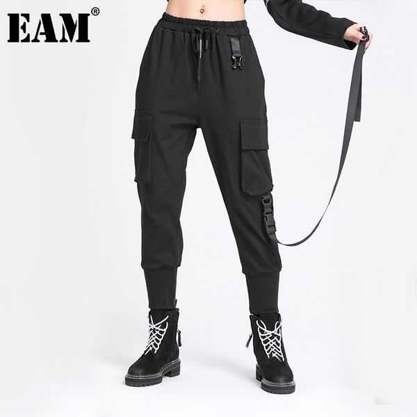 

[eam] high elastic waist black pocket ribbon long harem pants loose fit pants women fashion spring autumn 1dd6056 210512, Black;white