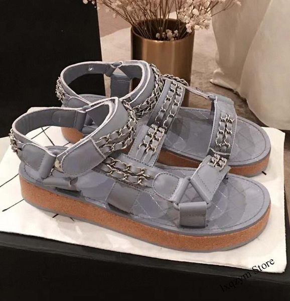 

women shoes 2021 spring summer brand design genuine leather sandals ladies flats metal chain female thick soled, Black