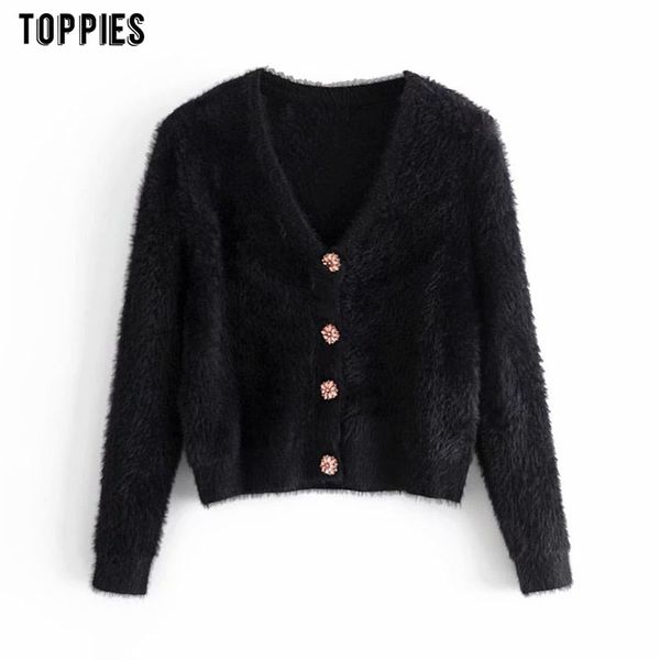 Toppies Mulher Cardigan Sweater Black Faux Fur tops Inverno Botão Casaco Casaco Moda V-Pescoço Cardigans Cardíbios 210412