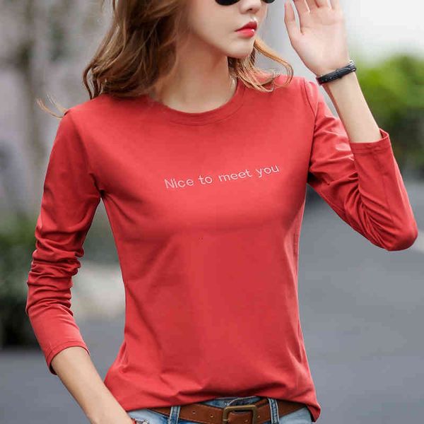 

women's t-shirt letter embroidery autumn cotton t-shirt spring women long sleeve casual red t shirts fashion o-neck blue yellow simple, White