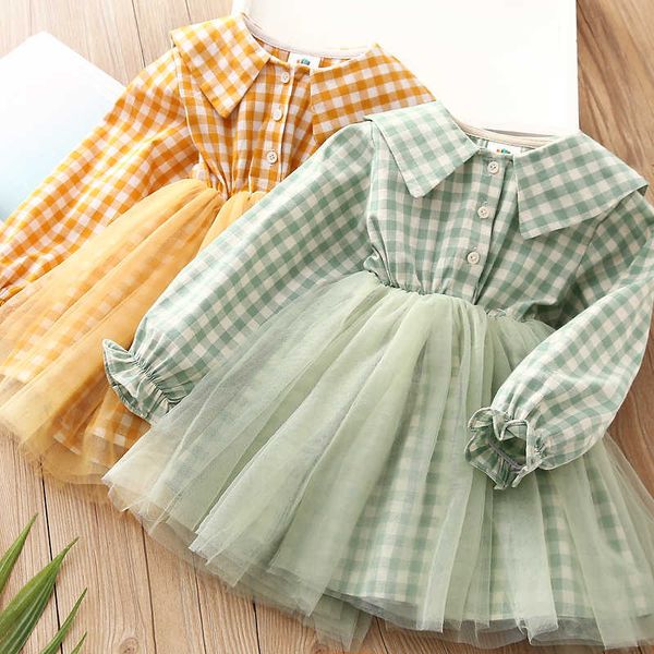 

children's elegant 3-8 10 12 years long sleeve princess plaid mesh patchwork kids baby girls lace spring autumn dresses 210529, Red;yellow