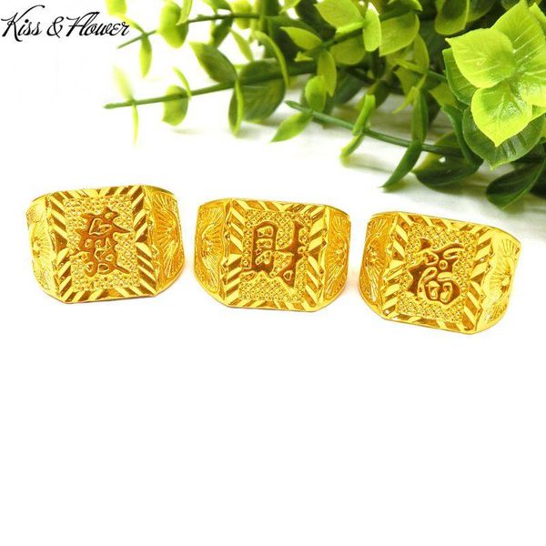

cluster rings kiss&flower ri39 2021 fine jewelry wholesale fashion man boy birthday wedding gift square fa cai fu 24kt gold resizable ring, Golden;silver