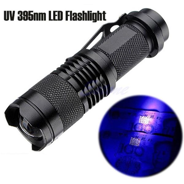 

powerful mini aluminum zoom portable uv 395 violet light led torch use or 14500 battery flashlights torches