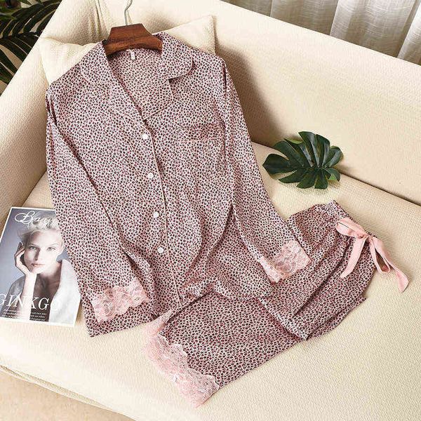 Lisacmvpnel Leopardenmuster Frauen Pyjama Set Ice Seide Soft Touch Langarmanzug Pyjama 211109