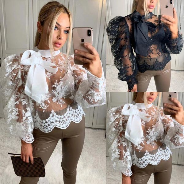 

women clothes crochet sheer mesh long puff sleeve shirts loose casual blouse for women's blouses &, White