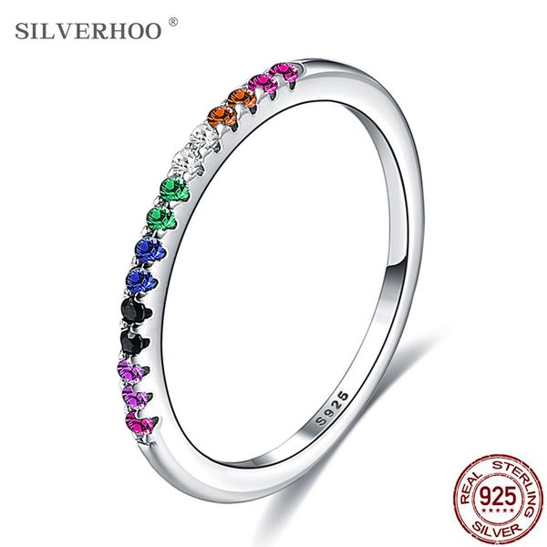 

love ring silverhoo sterling silver rainbow color finger rings for women stackable full round zircon wedding gift 925 jewelry on sale, Slivery;golden