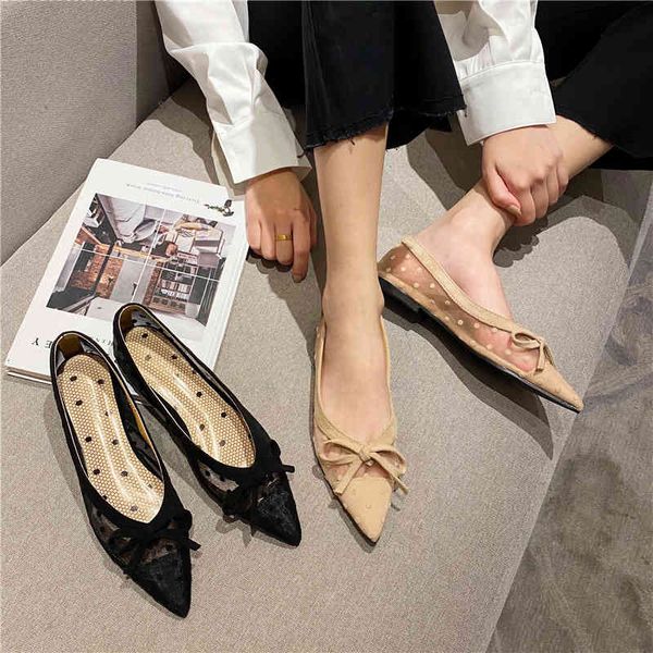

dress shoes 2021 summer women flats pointed toe shallow air mesh bow design breathable loafers beige/black casual heeled bbiq