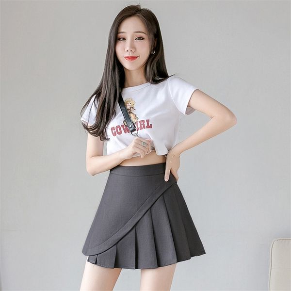 

summer korean irregular skirt high waist thin solid color casual a-line short suit pleated 210527, Black