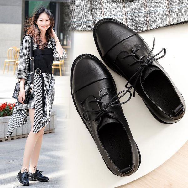 

dress shoes 20212 small leather women's british style large size trendy fashion casual single low-heeled r, Black