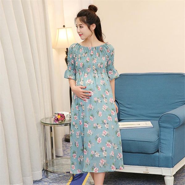 

maternity dresses 2021 summer blue with floral chiffon dress pregnant women stretched shoulder half sleeve bohemian nice, White