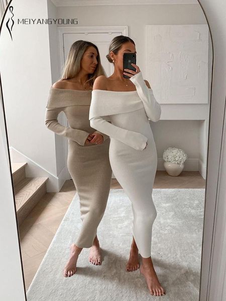 

casual dresses meiyangyoung off shoulder knitted bodycon dress women necklines long sleeve midi party sweater femme robe, Black;gray